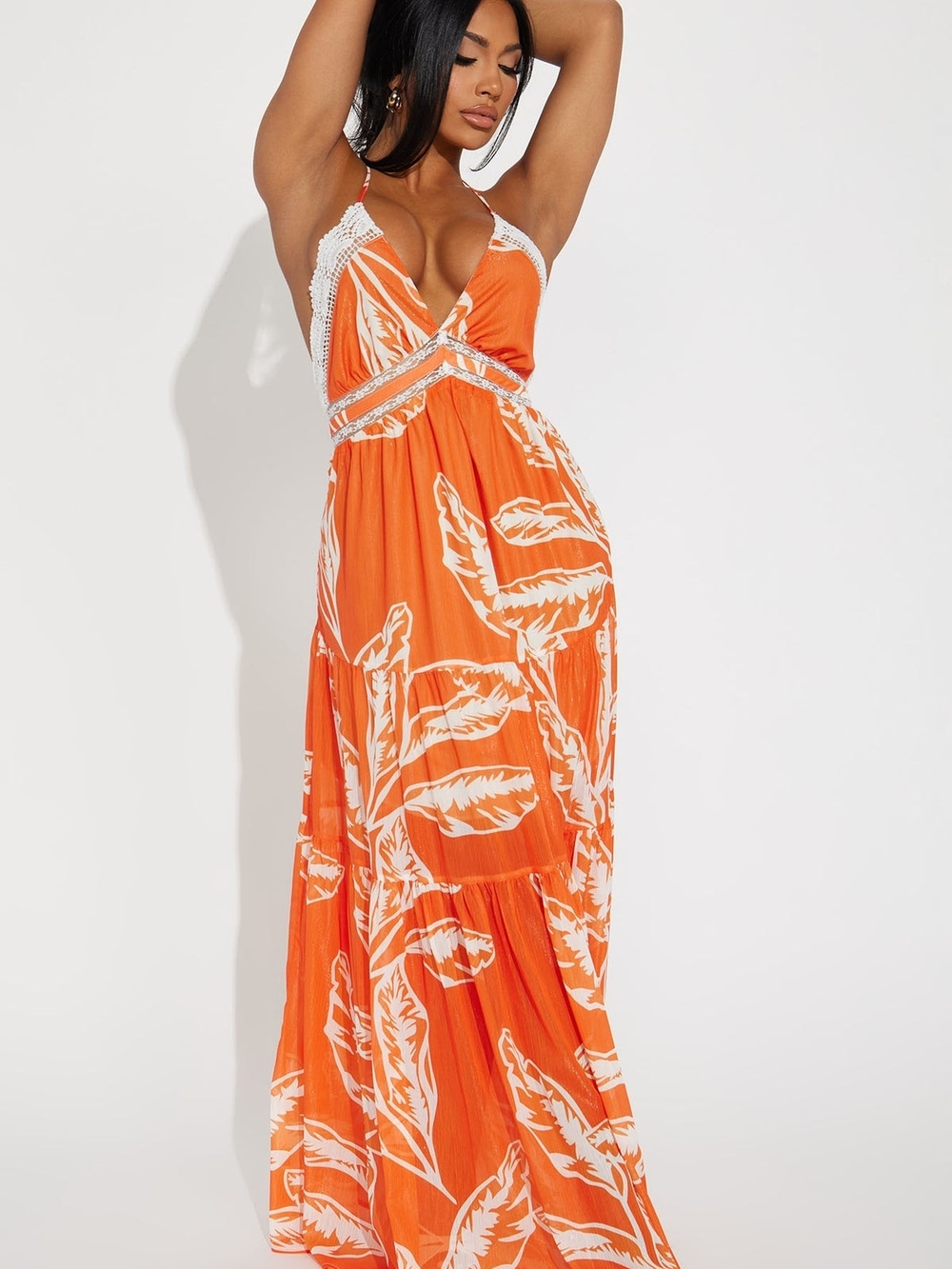 Fashion Nova Orange & White Leaf-Print Maxi Dress with Lace Detail
